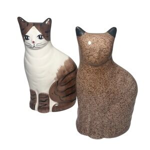 Vintage Ceramic Cat Figurines Pair Brown Tabby and Speckled Feline Statues